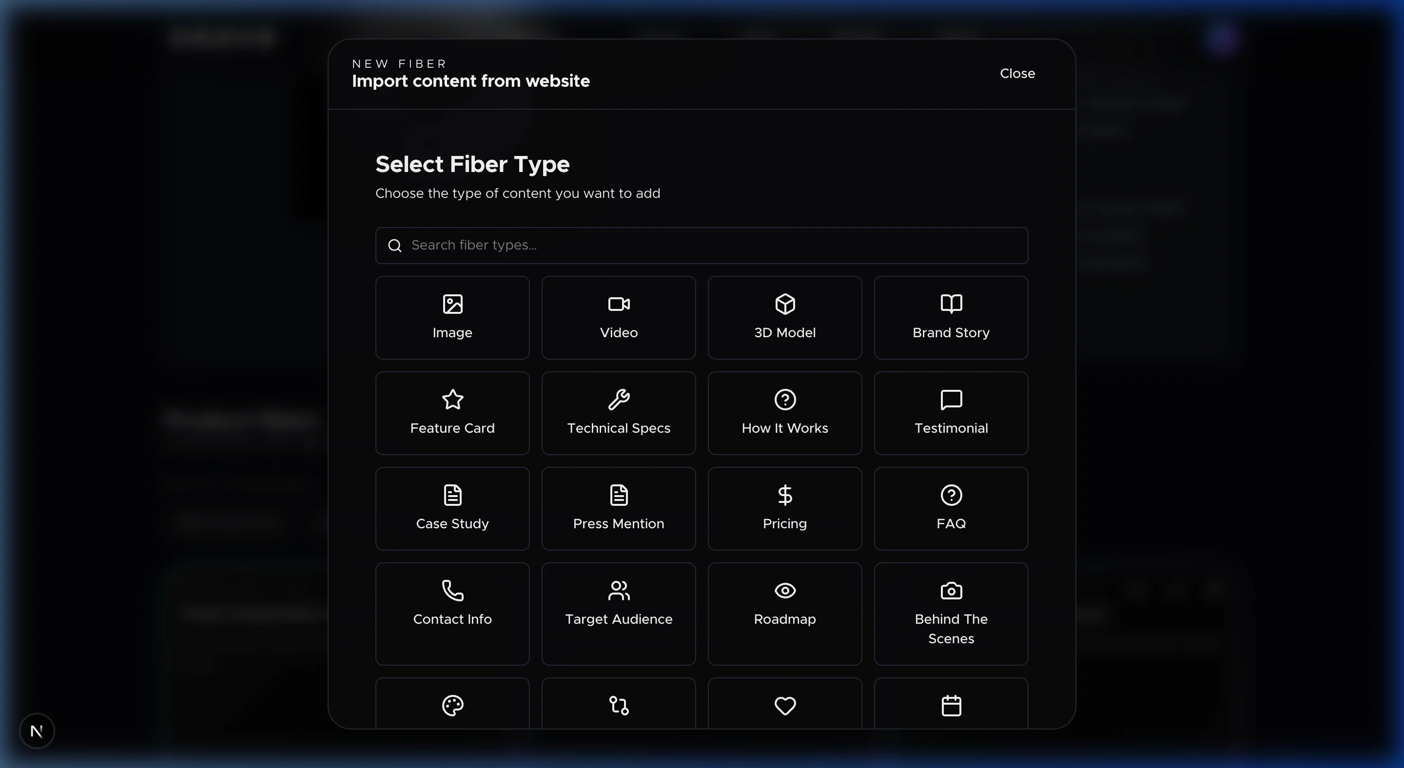 The fiber type catalog — choose from 30 content types (desktop)