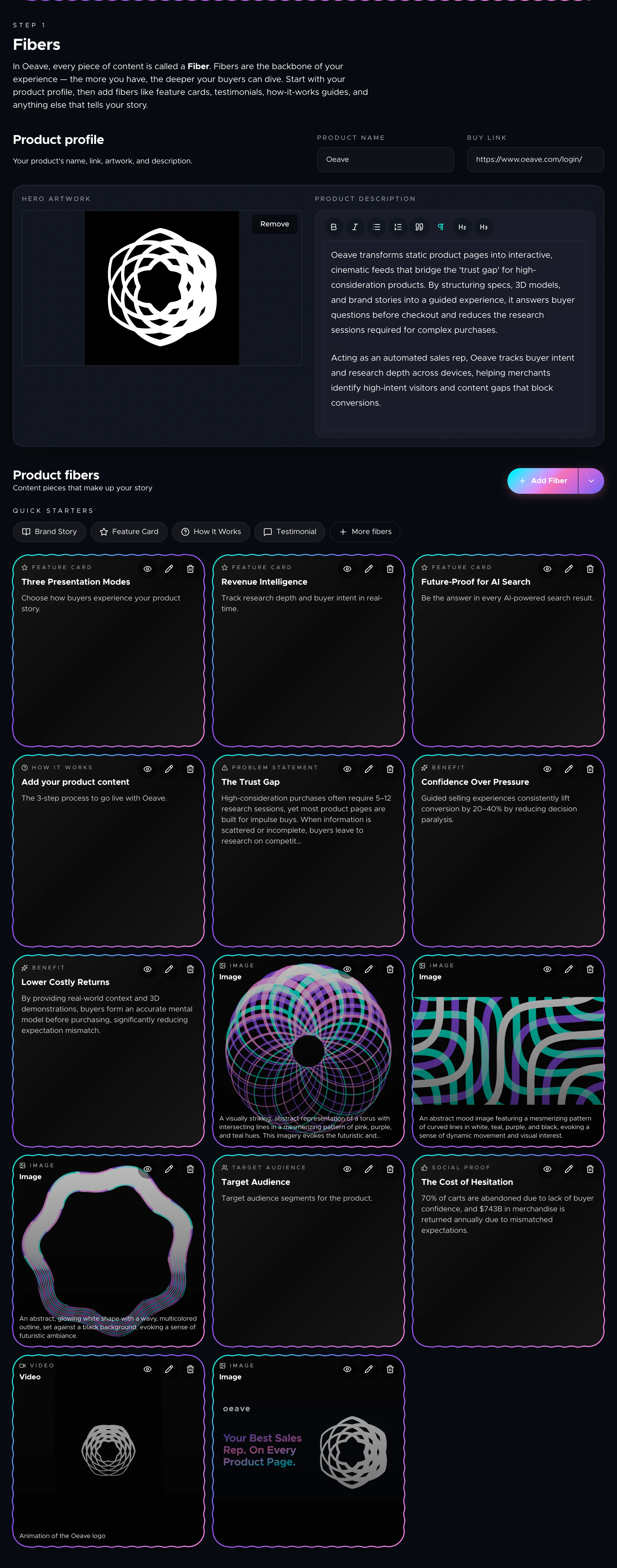 The Fibers tab — your product content library (desktop)