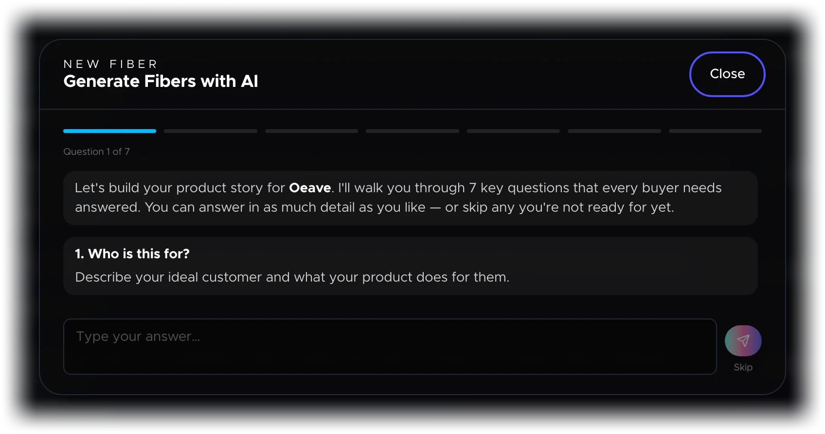 The AI generation flow — answer 7 product questions to generate Fibers (desktop)