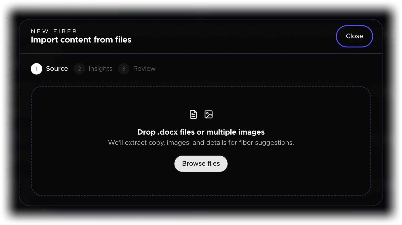 The file import modal — drop documents or images to create Fibers (desktop)