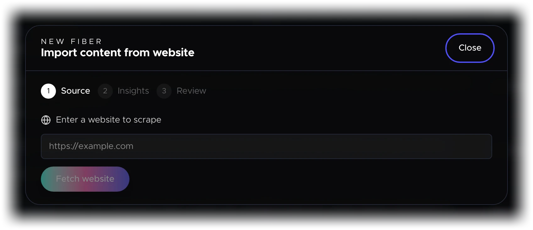 The website import modal — paste a URL and Oeave extracts Fibers automatically (desktop)